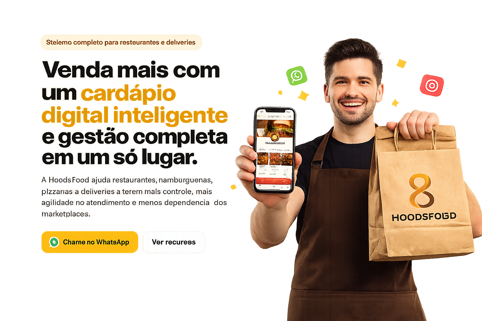 Empresário do delivery segurando o celular e uma sacola de delivery