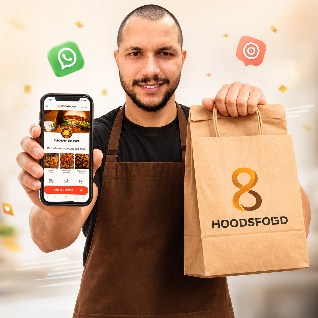 Empresário do delivery segurando o celular e uma sacola de delivery
