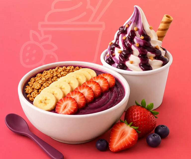 Tigela de açaí com frutas e sorvete para açaíterias e sorveterias