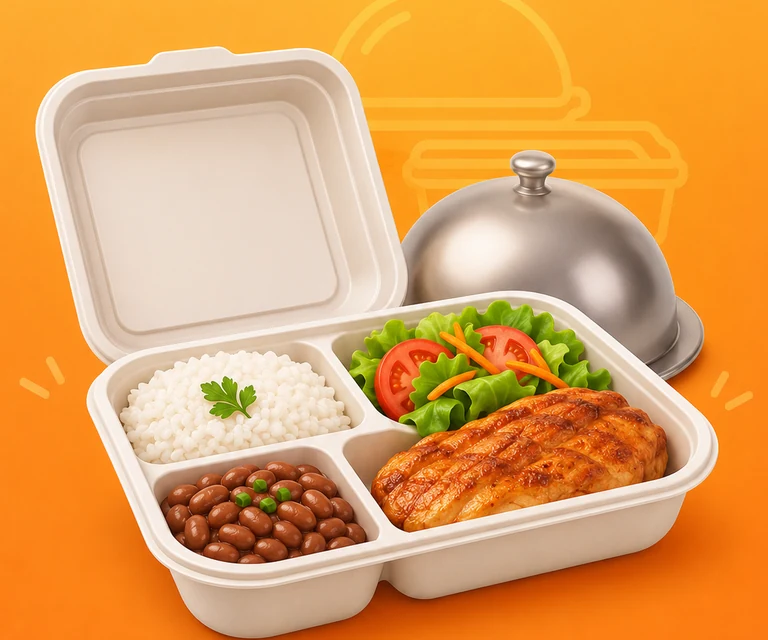 Marmita completa com arroz, feijão, salada e proteína para marmitarias e restaurantes